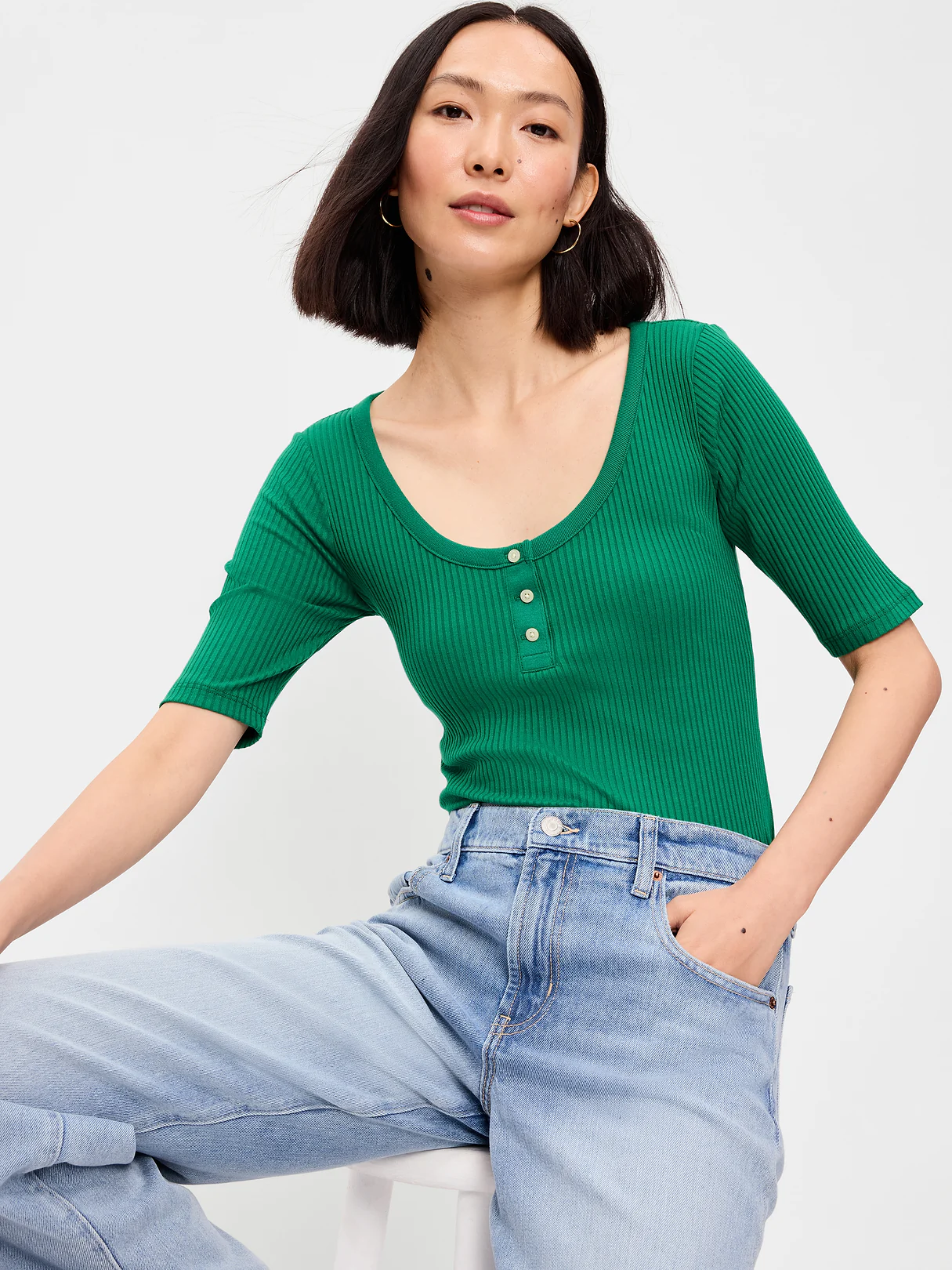 Scoop-Neck Fitted Henley Top - Rainforest Jewel