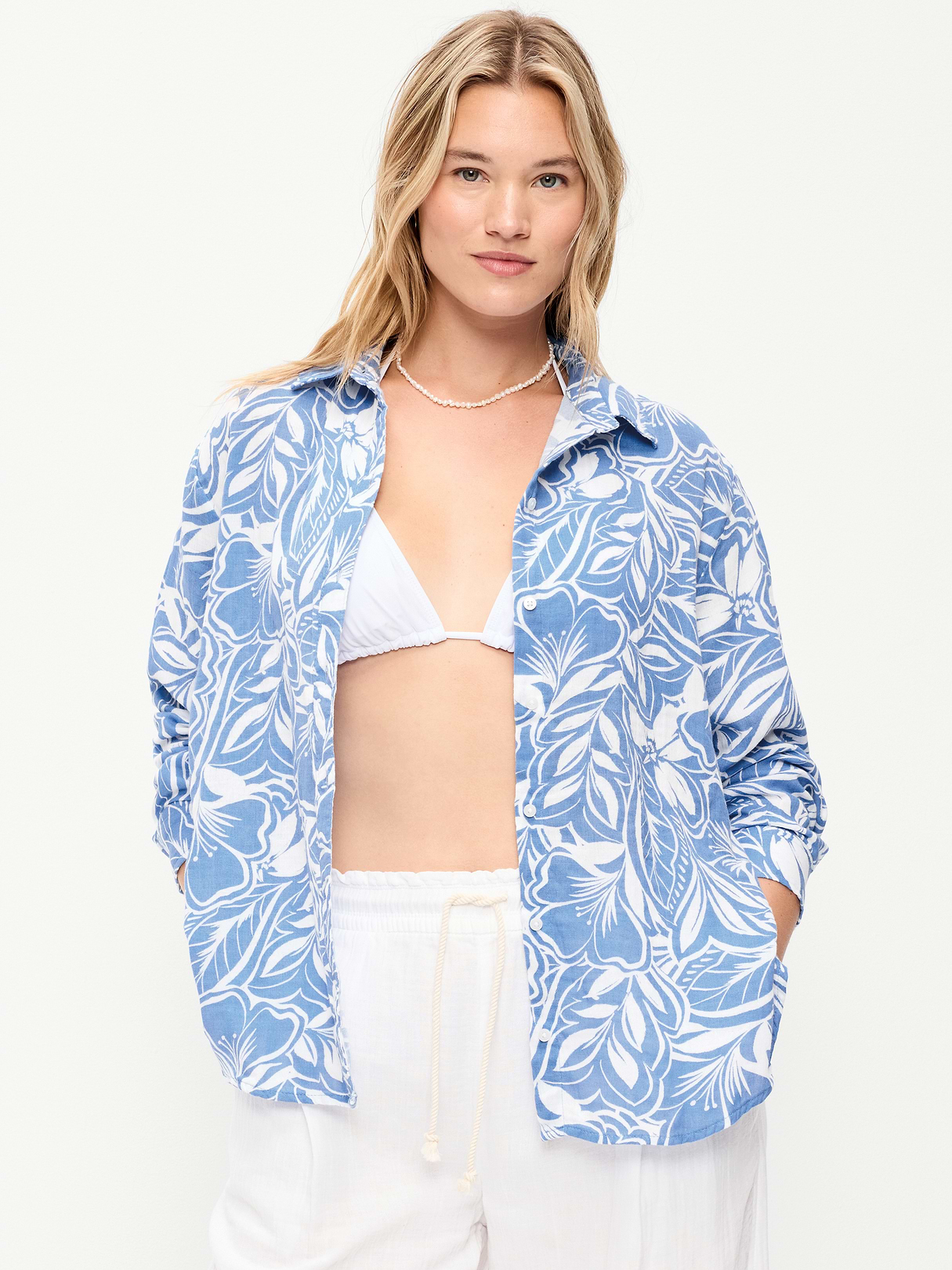Open-Back Crinkle Gauze Button-Down Shirt - Paradise Blue Print