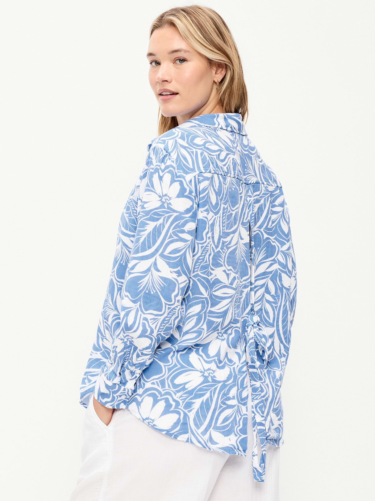 Open-Back Crinkle Gauze Button-Down Shirt - Paradise Blue Print
