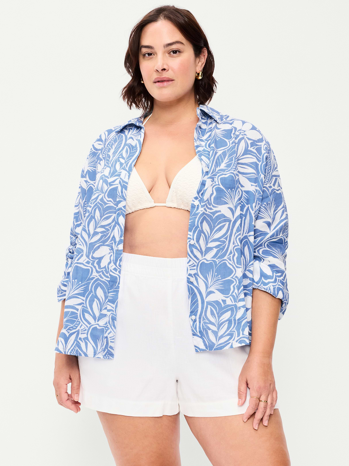 Open-Back Crinkle Gauze Button-Down Shirt - Paradise Blue Print