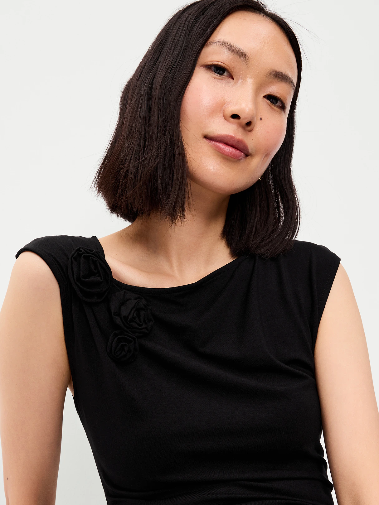 Gathered-Shoulder Rosette Top - Black Jack