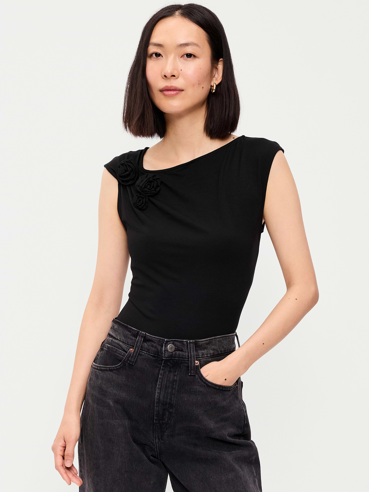 Gathered-Shoulder Rosette Top - Black Jack