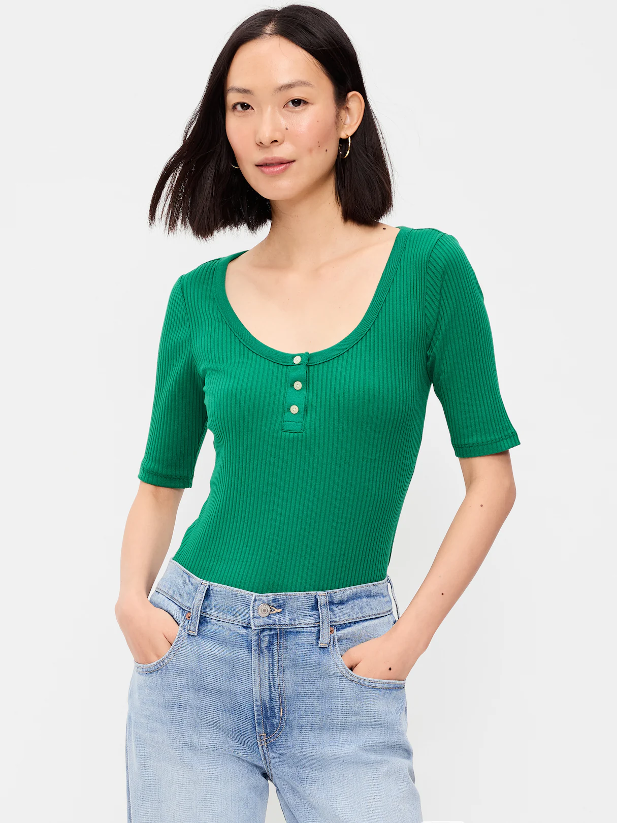 Scoop-Neck Fitted Henley Top - Rainforest Jewel