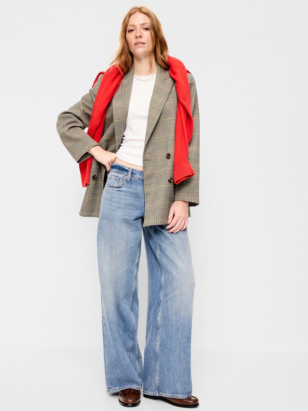 Oversized Twill Double-Breasted Blazer - Plaid