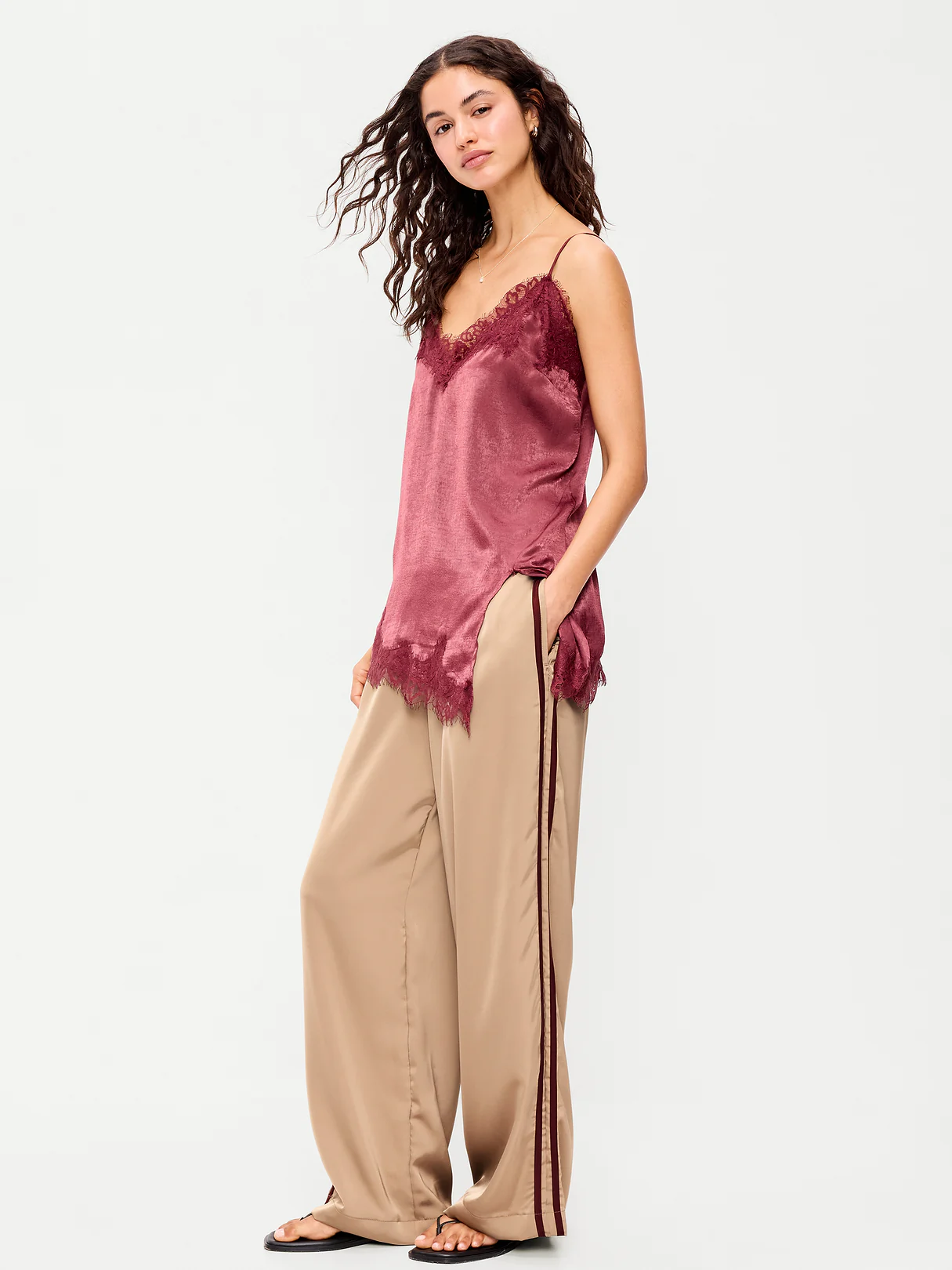 High-Waisted Satin Track Pants - Toasted Almond