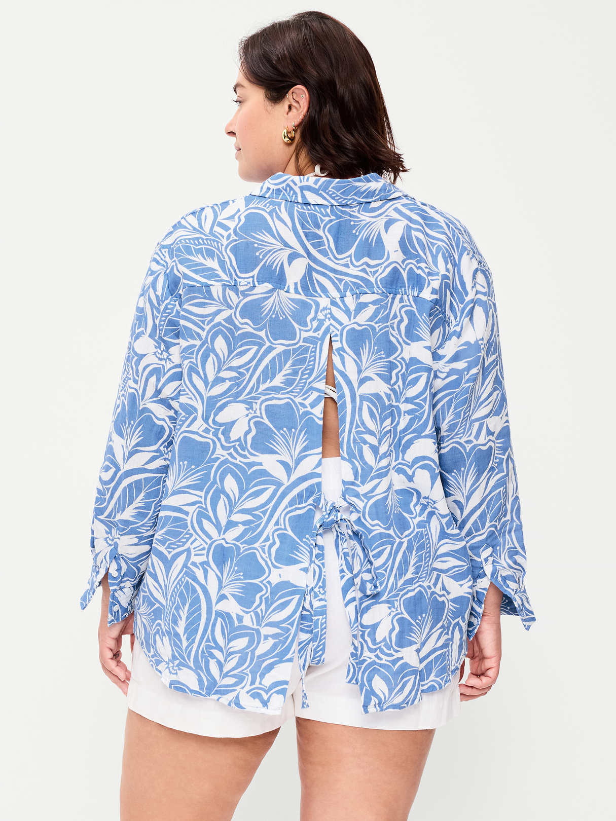 Open-Back Crinkle Gauze Button-Down Shirt - Paradise Blue Print