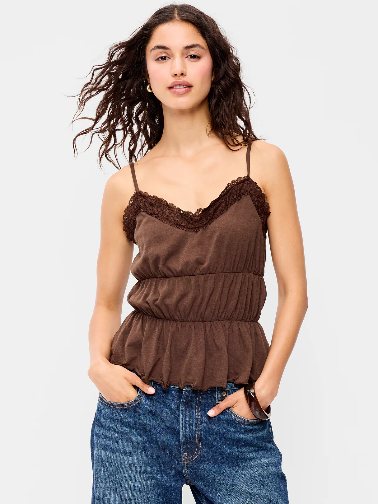 Lace-Trim Smocked-Waist Tank Top - Earthen