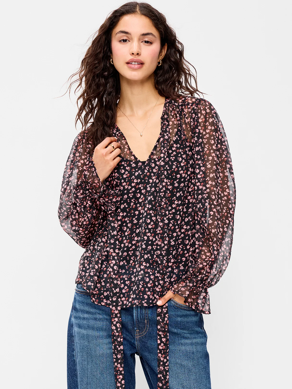 Long-Sleeve Chiffon Tie-Front Top - Pink Floral