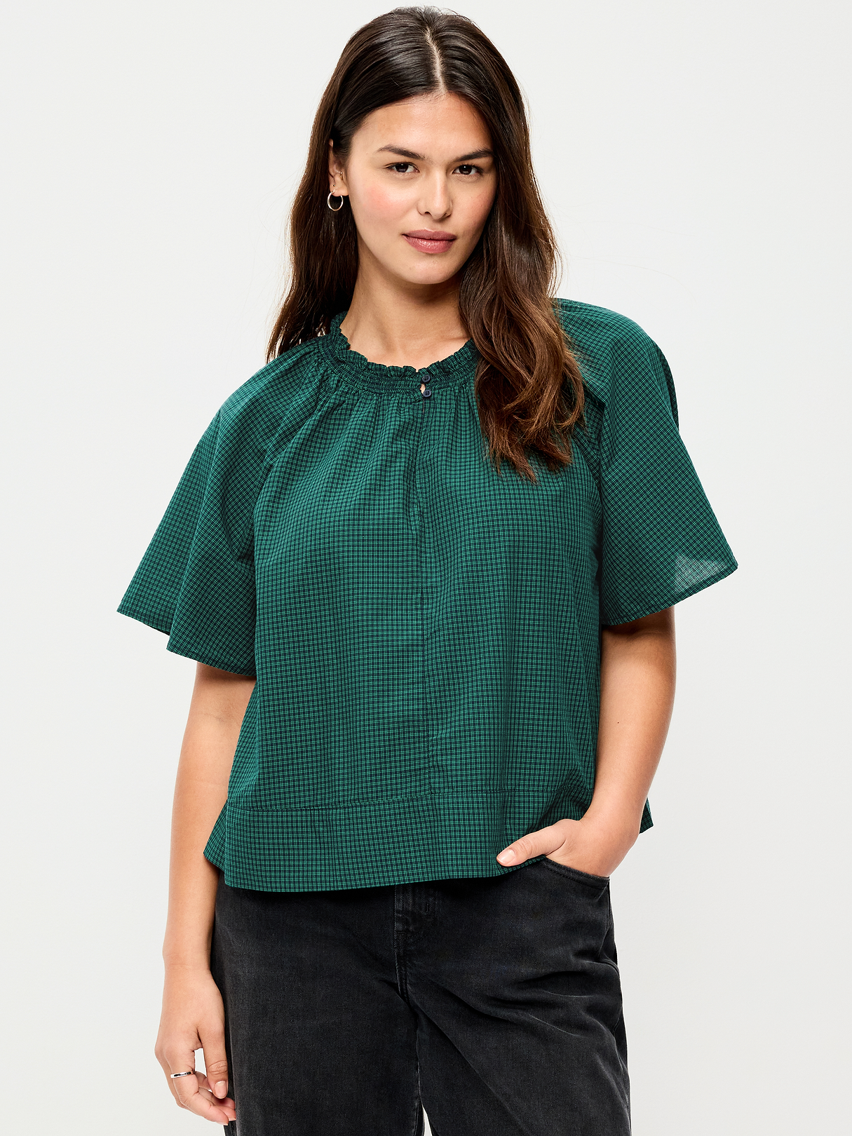 Loose Short-Sleeve Striped Top - Green Plaid