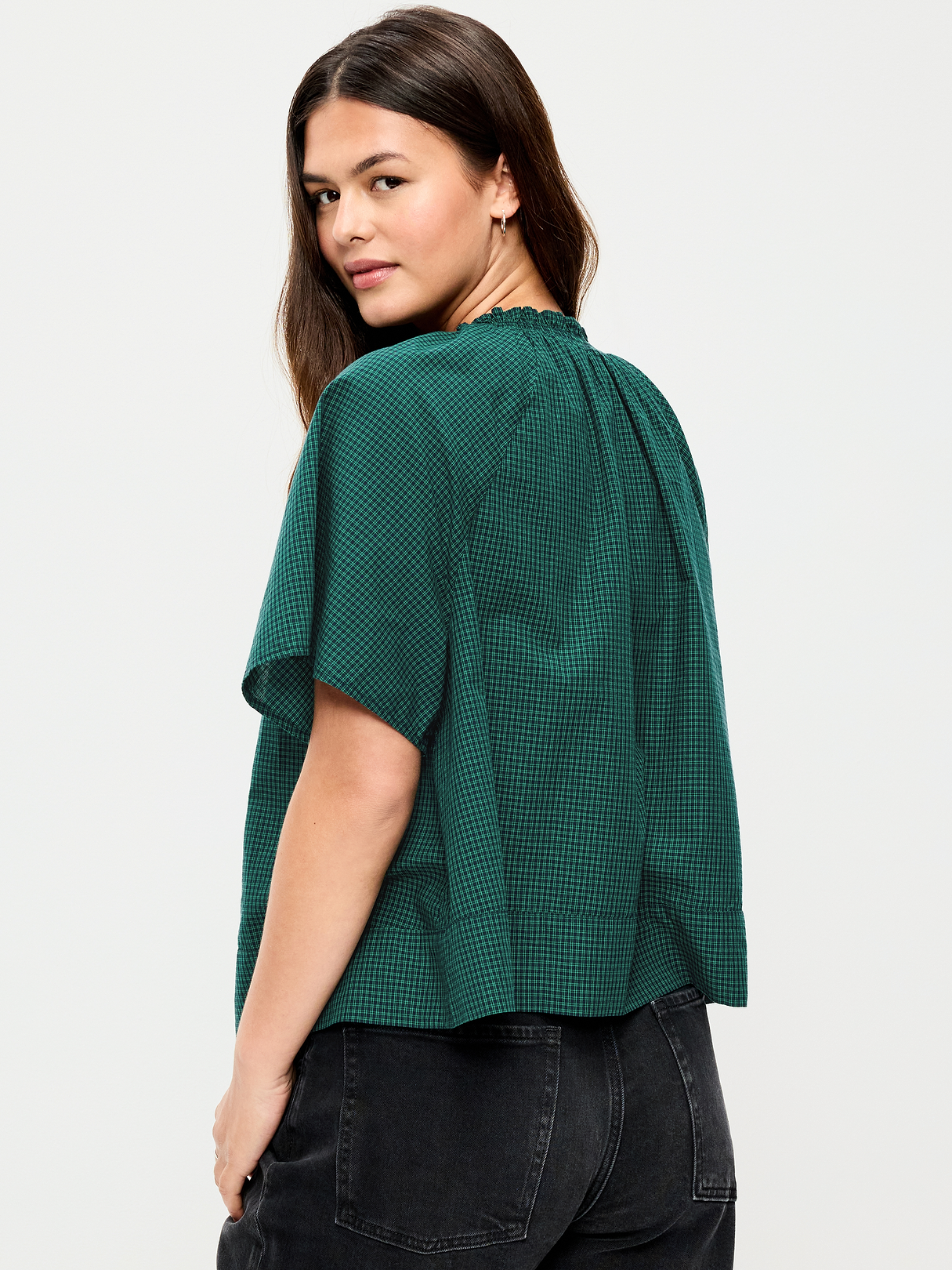 Loose Short-Sleeve Striped Top - Green Plaid