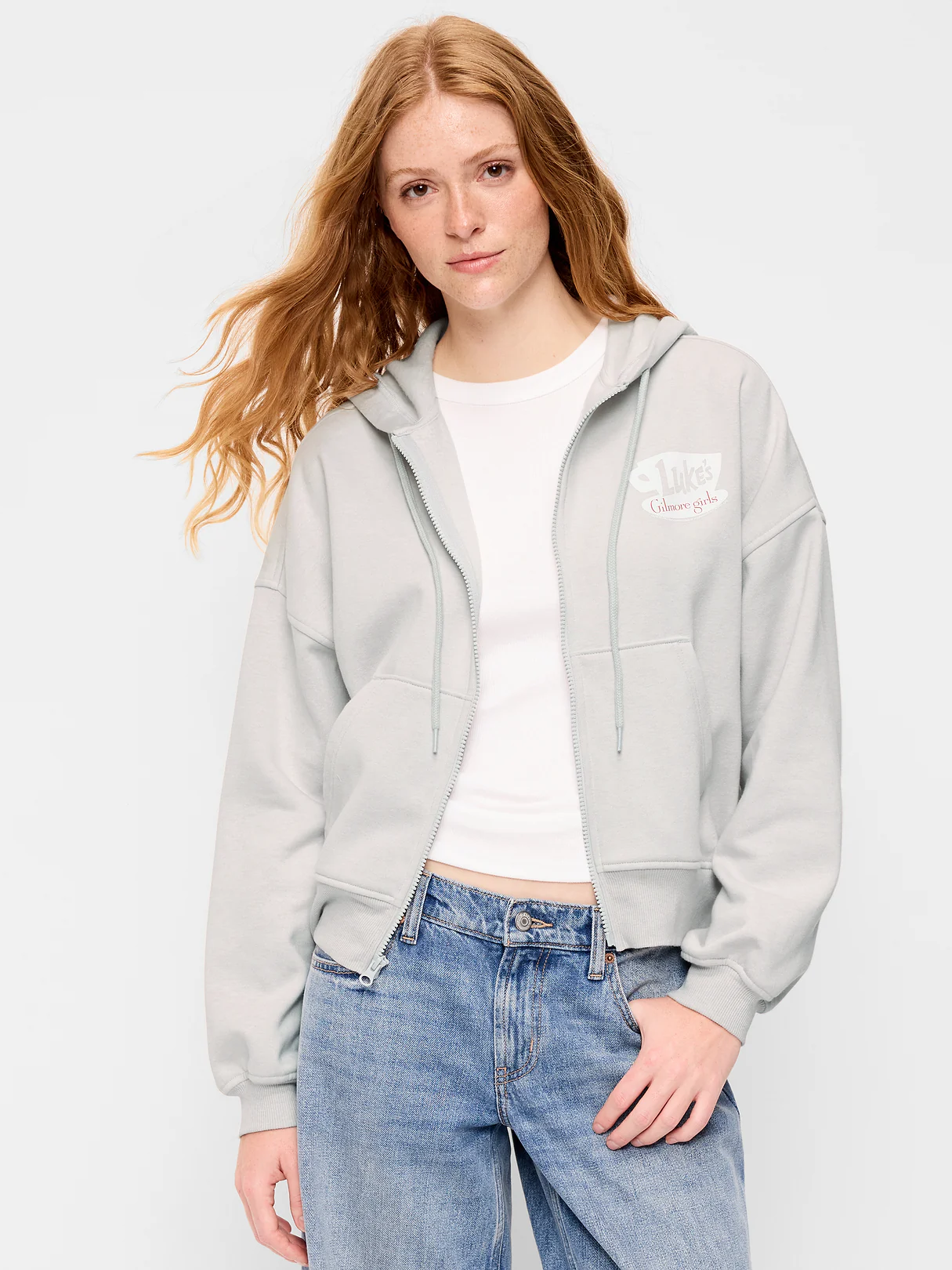 Oversized Full-Zip Graphic Hoodie Sweatshirt - Light Gray