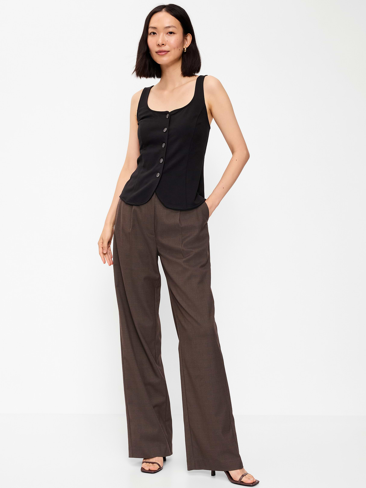 Extra High-Waisted Taylor Wide-Leg Trouser Pants - Brown Plaid