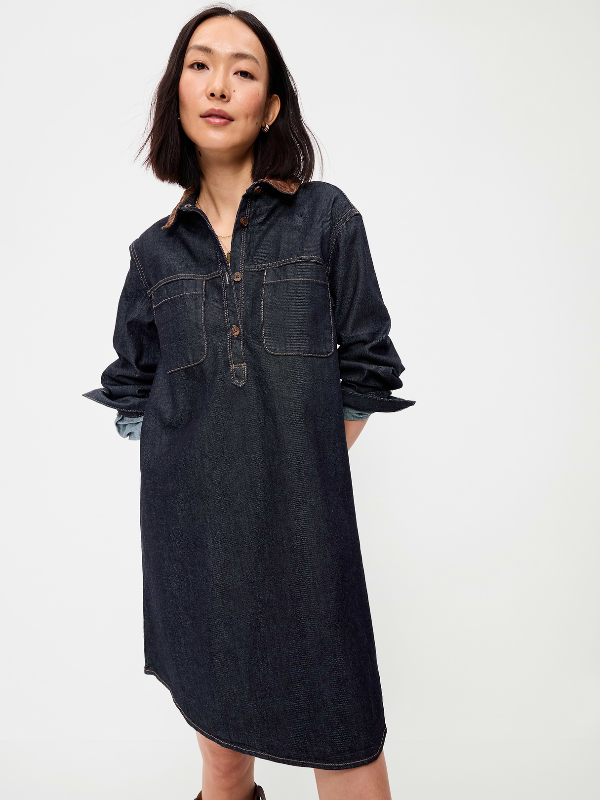 Long-Sleeve Button-Down Mini Shirt Dress - Dark Wash