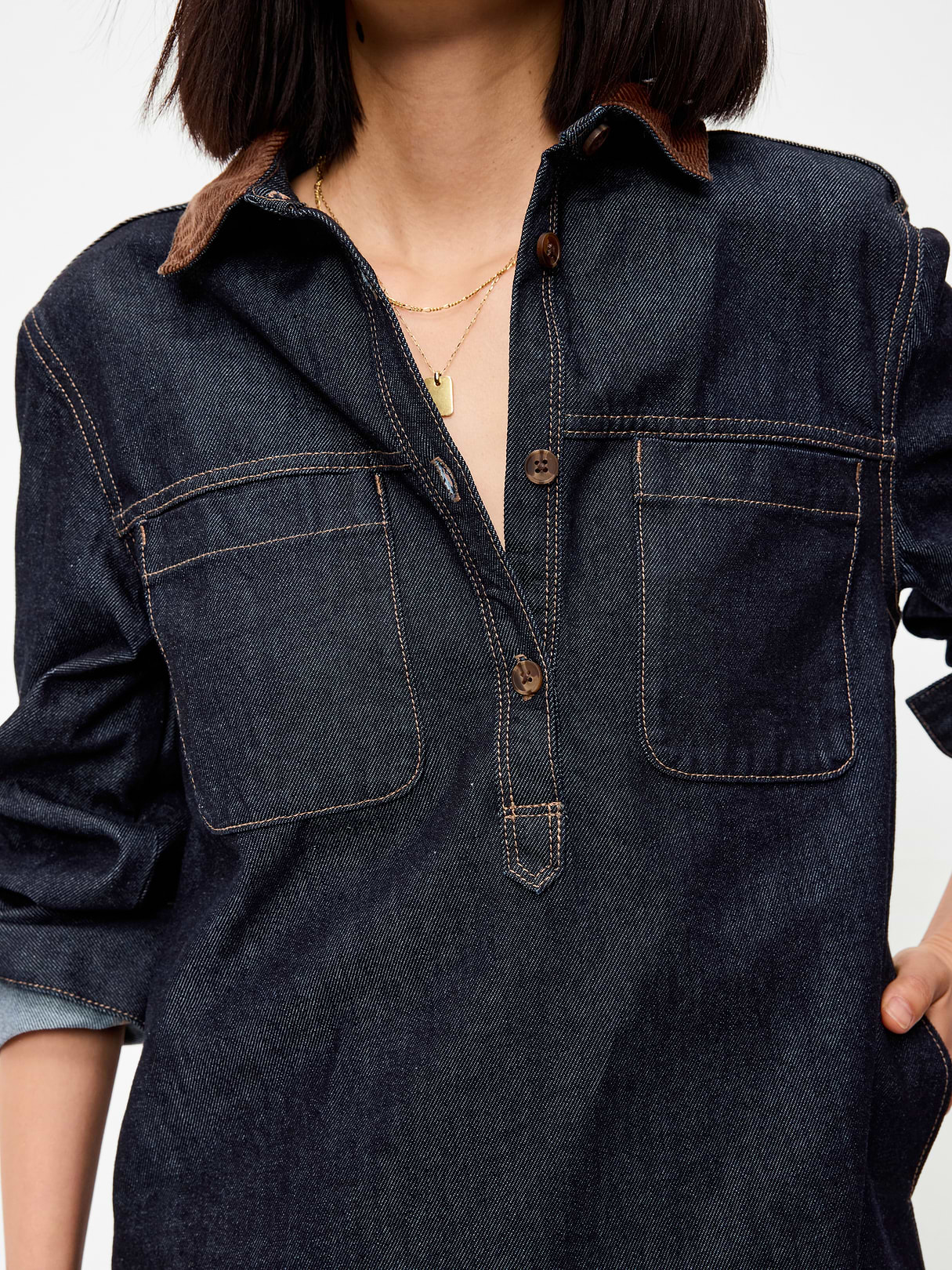 Long-Sleeve Button-Down Mini Shirt Dress - Dark Wash