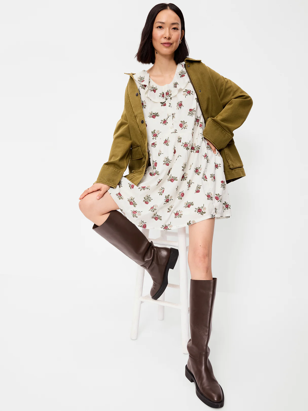 Long-Sleeve Ruffle-Collar Swing Mini Dress - White Floral