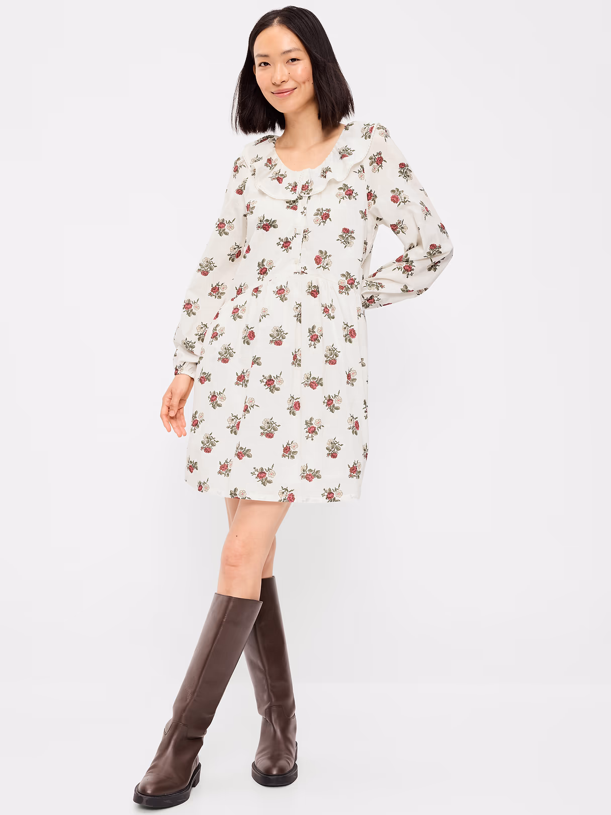 Long-Sleeve Ruffle-Collar Swing Mini Dress - White Floral