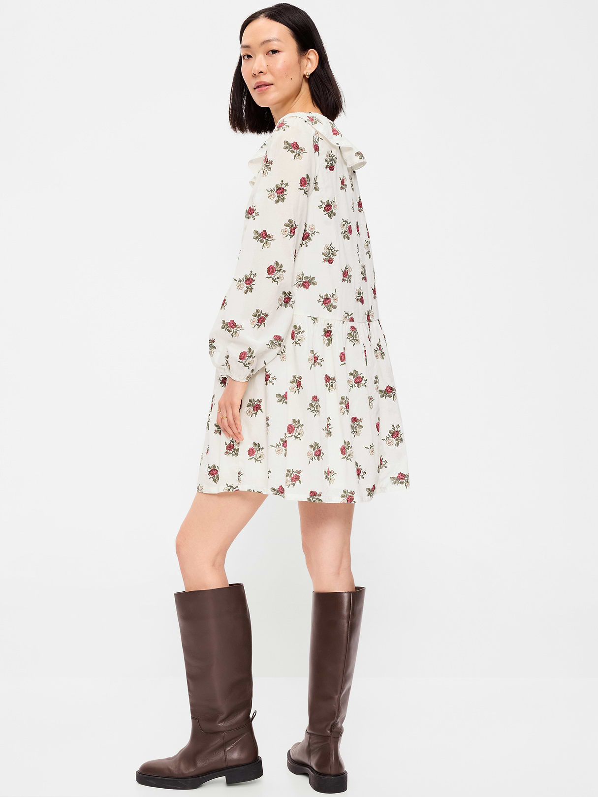 Long-Sleeve Ruffle-Collar Swing Mini Dress - White Floral