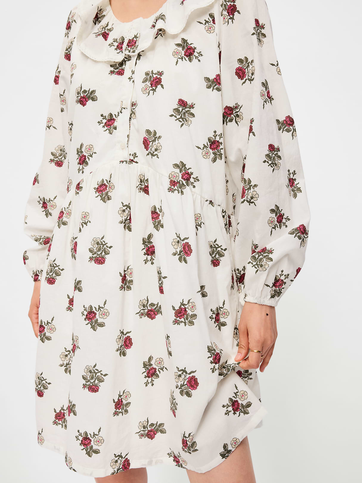 Long-Sleeve Ruffle-Collar Swing Mini Dress - White Floral