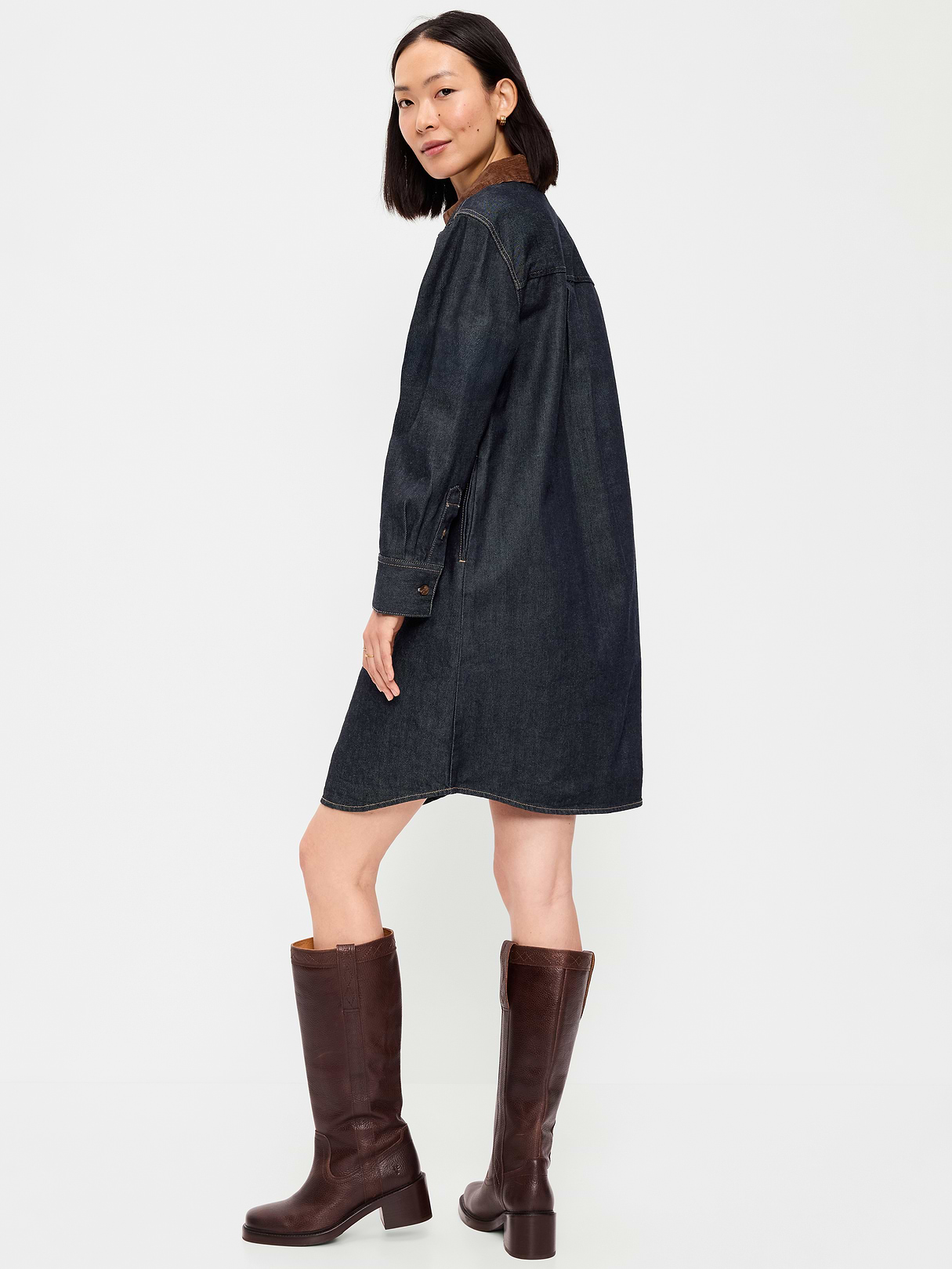 Long-Sleeve Button-Down Mini Shirt Dress - Dark Wash
