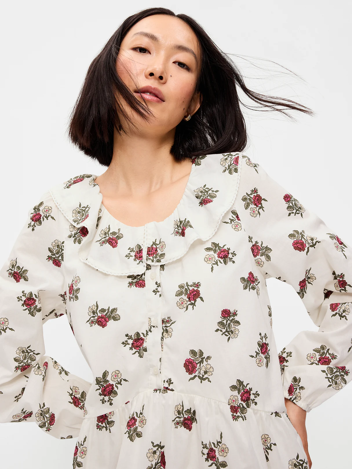 Long-Sleeve Ruffle-Collar Swing Mini Dress - White Floral