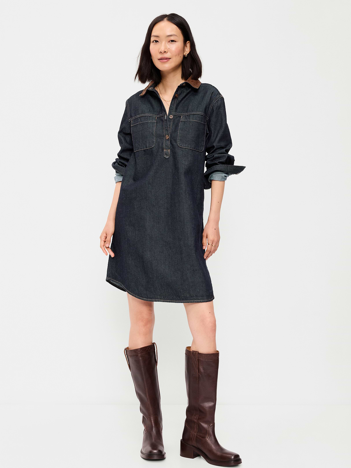 Long-Sleeve Button-Down Mini Shirt Dress - Dark Wash