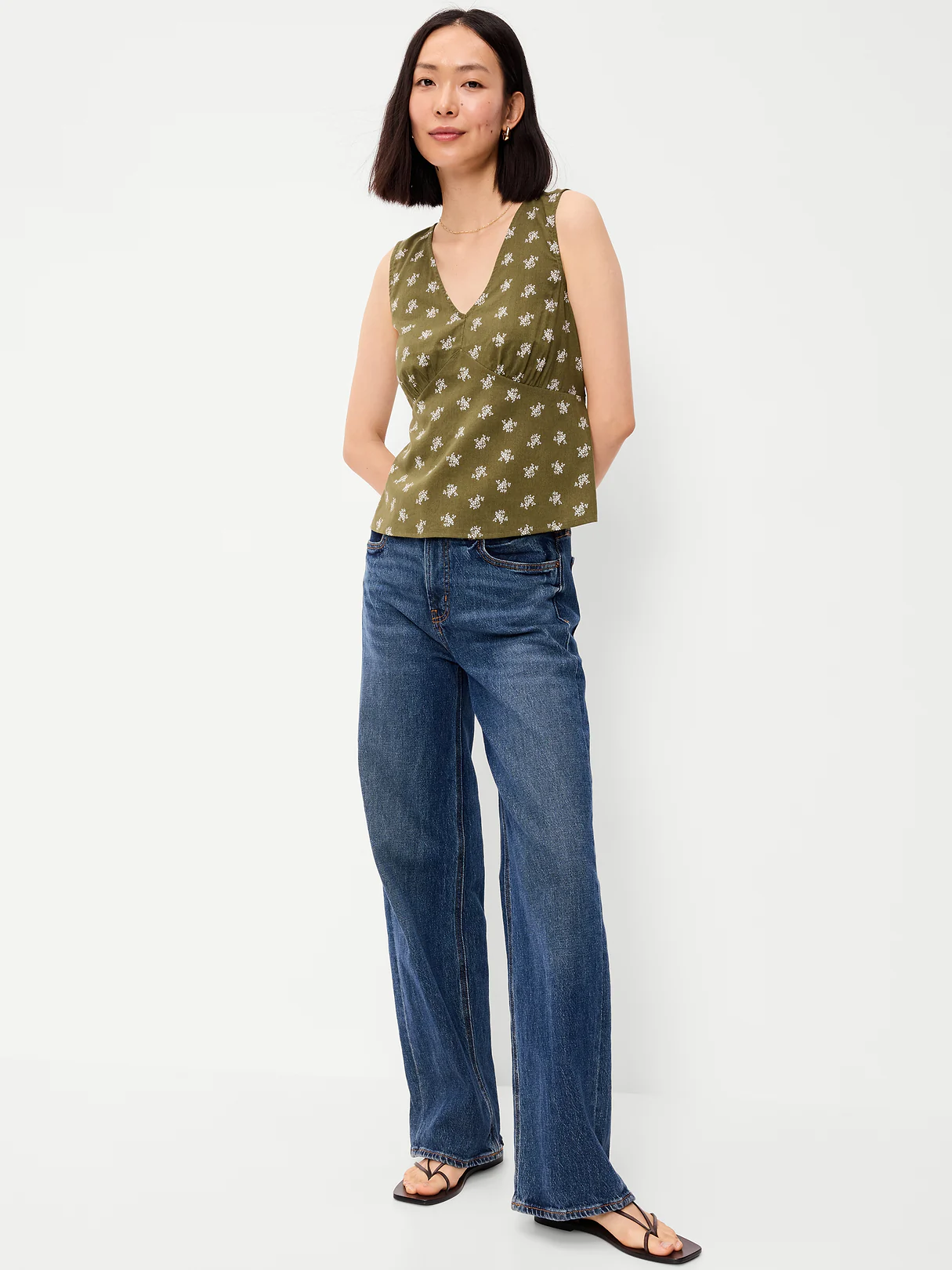 Sleeveless V-Neck Tie-Back Top - Green Floral