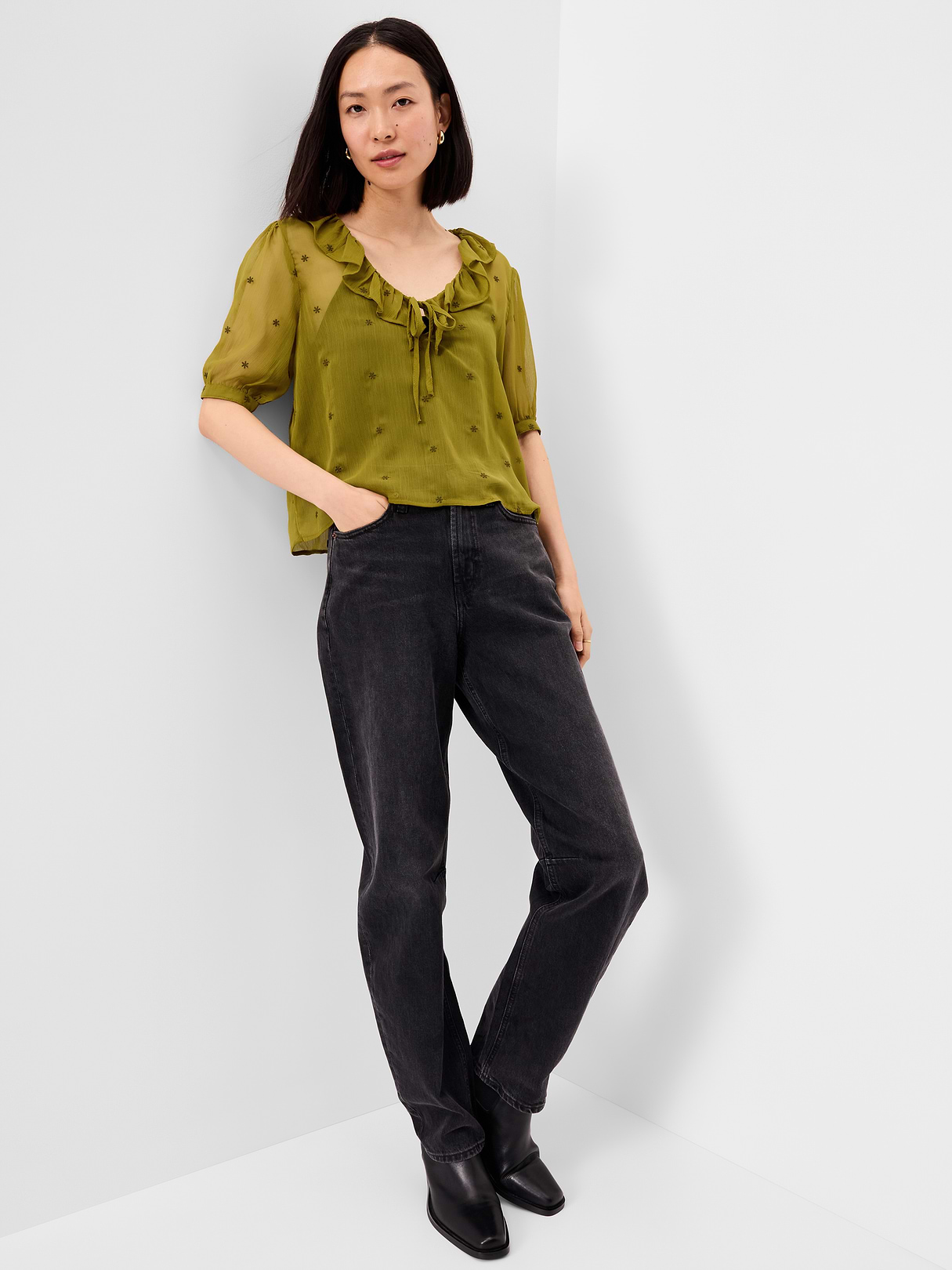 Ruffle Collar Tie-Front Top - Mysterious Fern