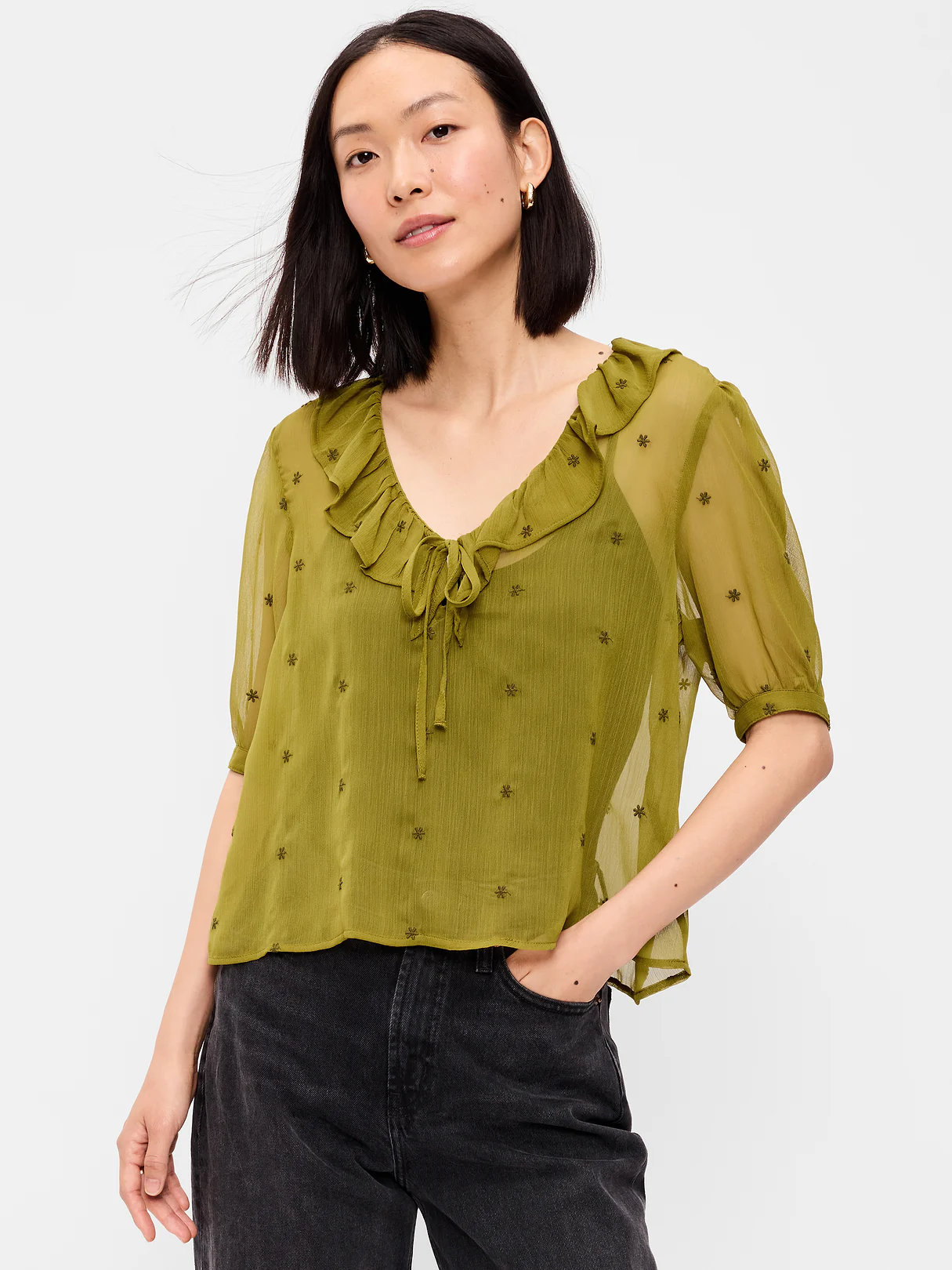 Ruffle Collar Tie-Front Top - Mysterious Fern