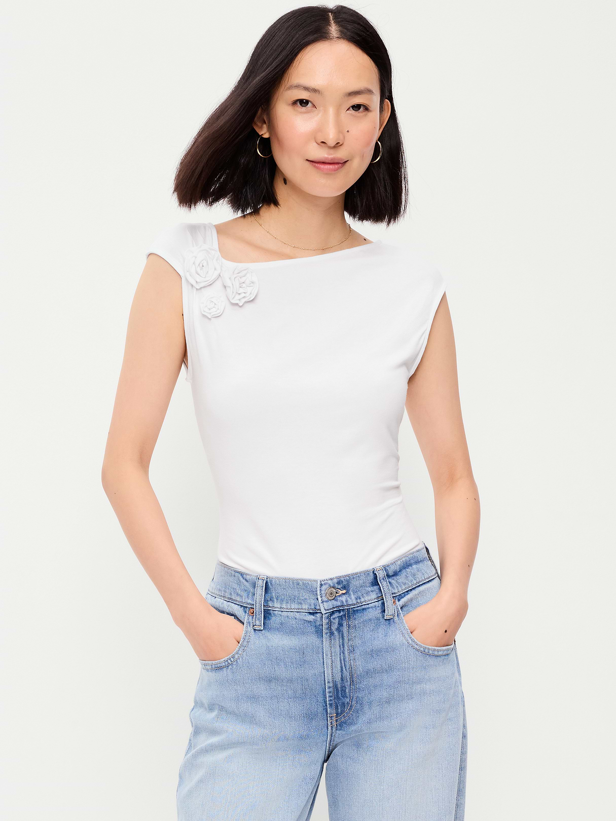 Gathered-Shoulder Rosette Top - White Lilies