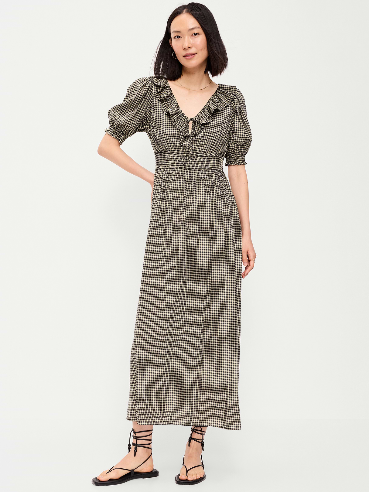 Ruffle-Collar Boho Maxi Dress - Small Black Plaid