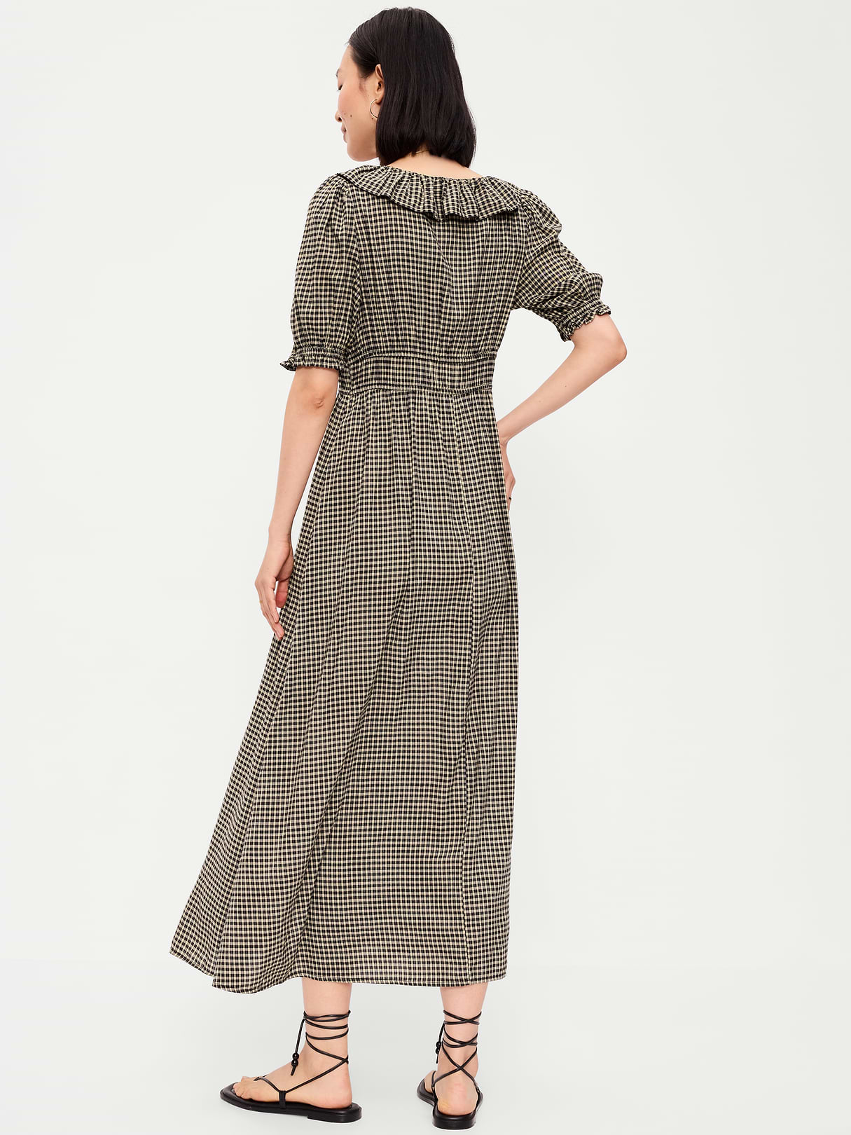 Ruffle-Collar Boho Maxi Dress - Small Black Plaid