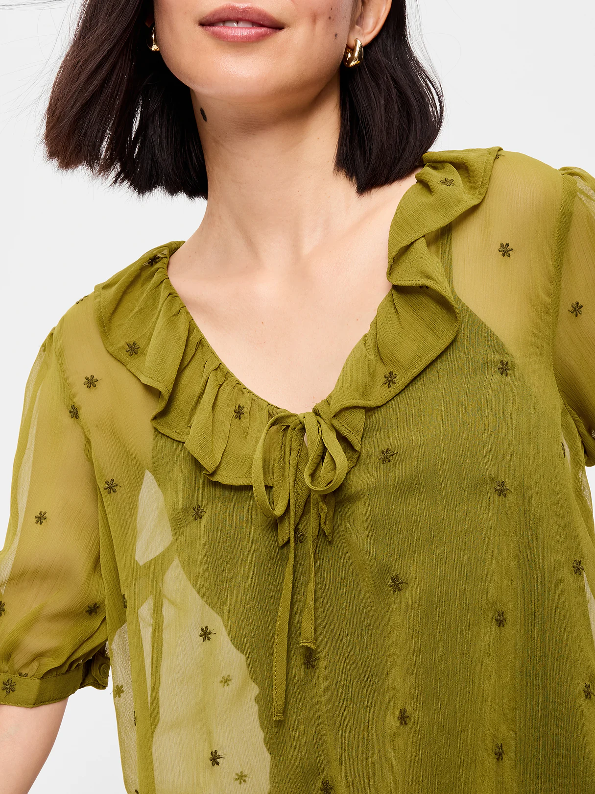 Ruffle Collar Tie-Front Top - Mysterious Fern
