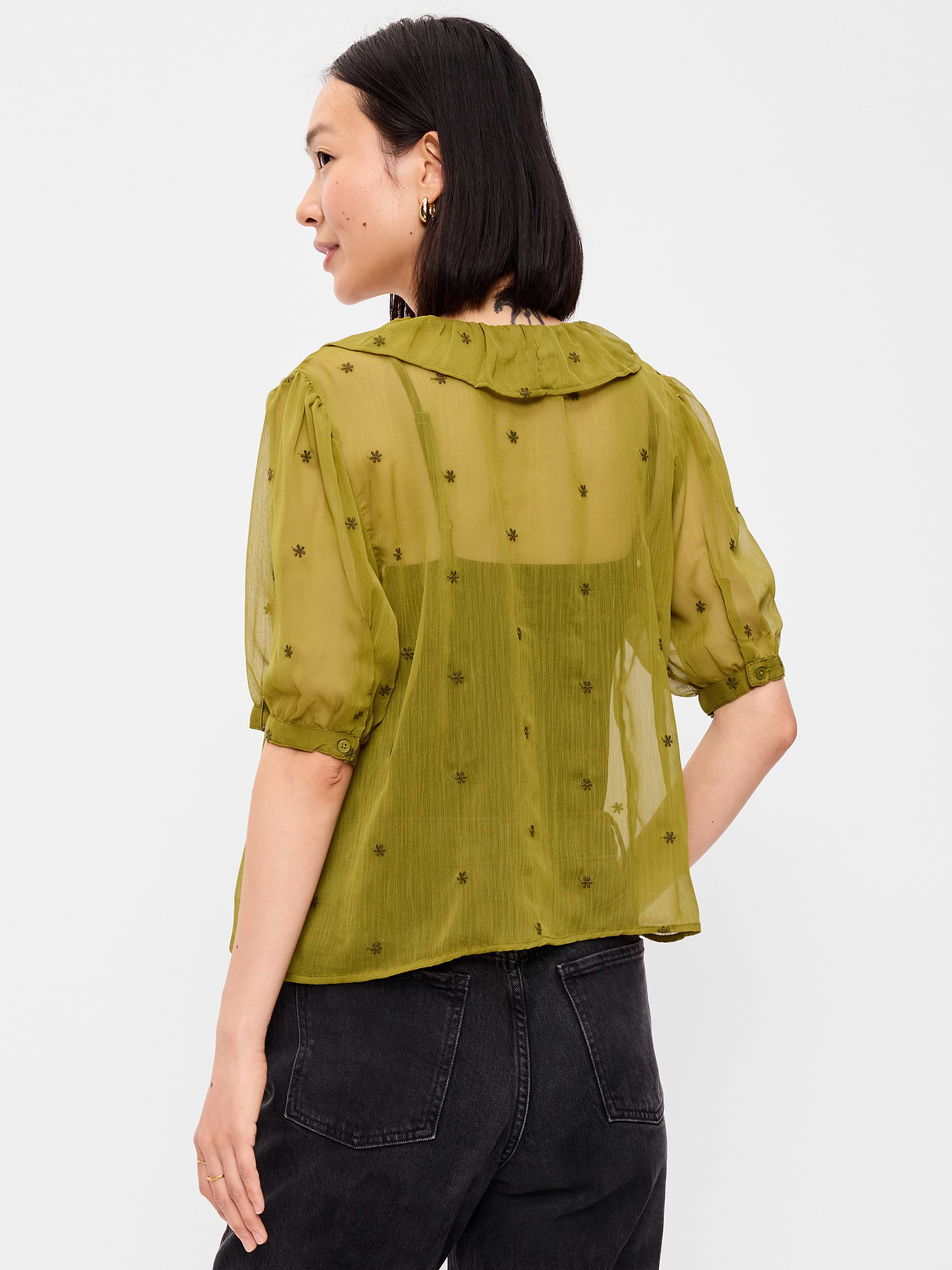 Ruffle Collar Tie-Front Top - Mysterious Fern