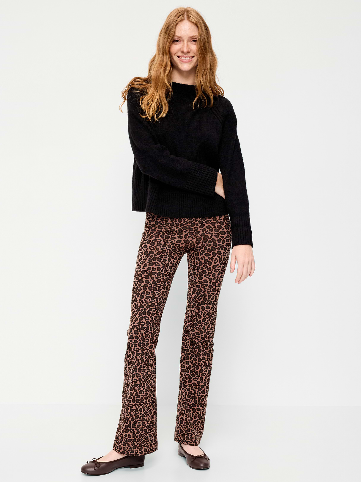 High-Waisted Flare Leggings - Brown Leopard Print
