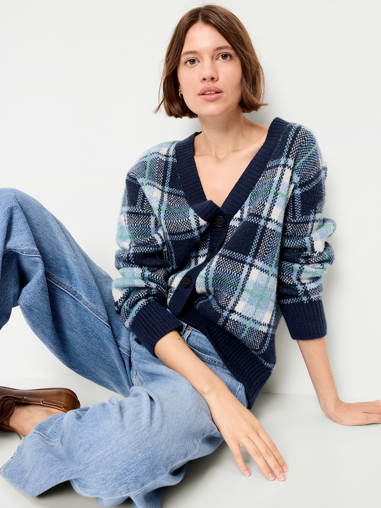 SoSoft V-Neck Cardigan Sweater - Blue Plaid