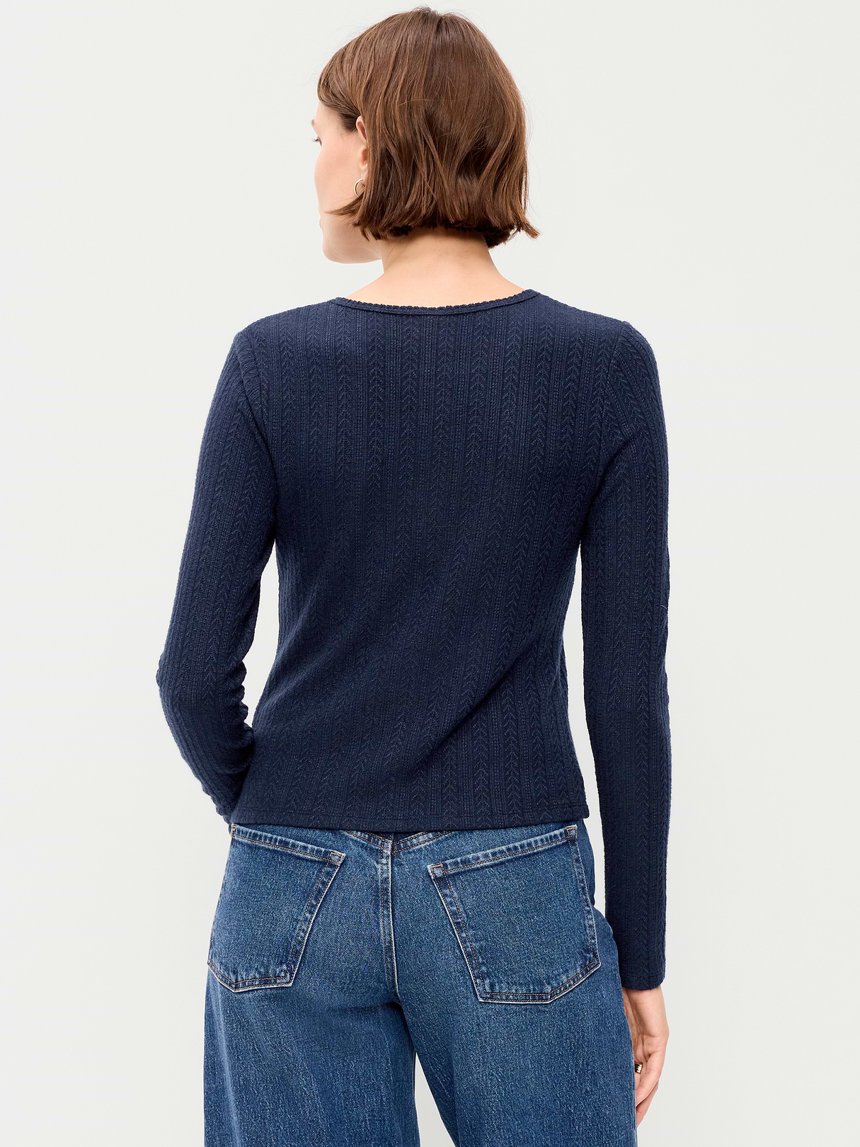 Long-Sleeve Button-Front Cutout Pointelle Top - In the Navy