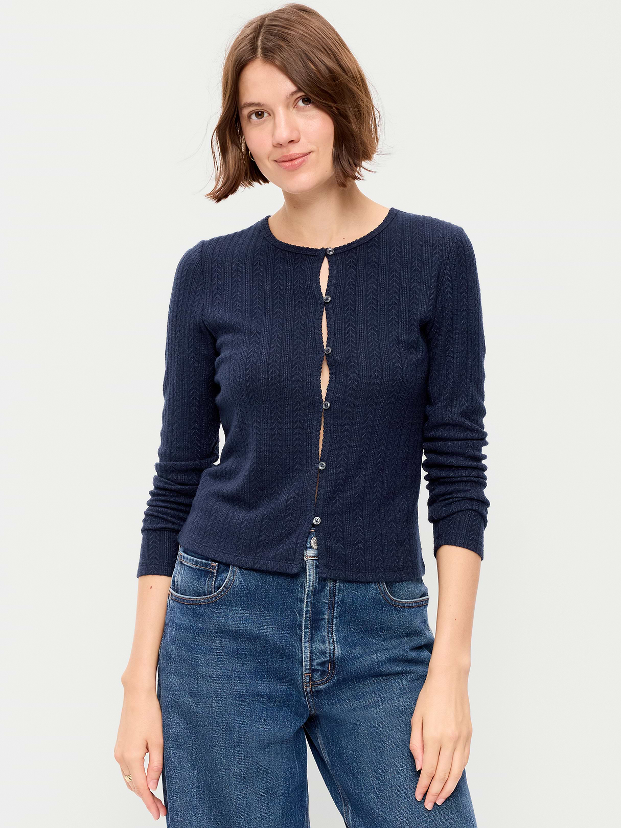 Long-Sleeve Button-Front Cutout Pointelle Top - In the Navy