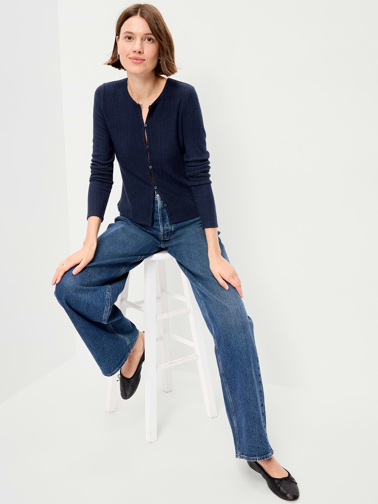 Long-Sleeve Button-Front Cutout Pointelle Top - In the Navy