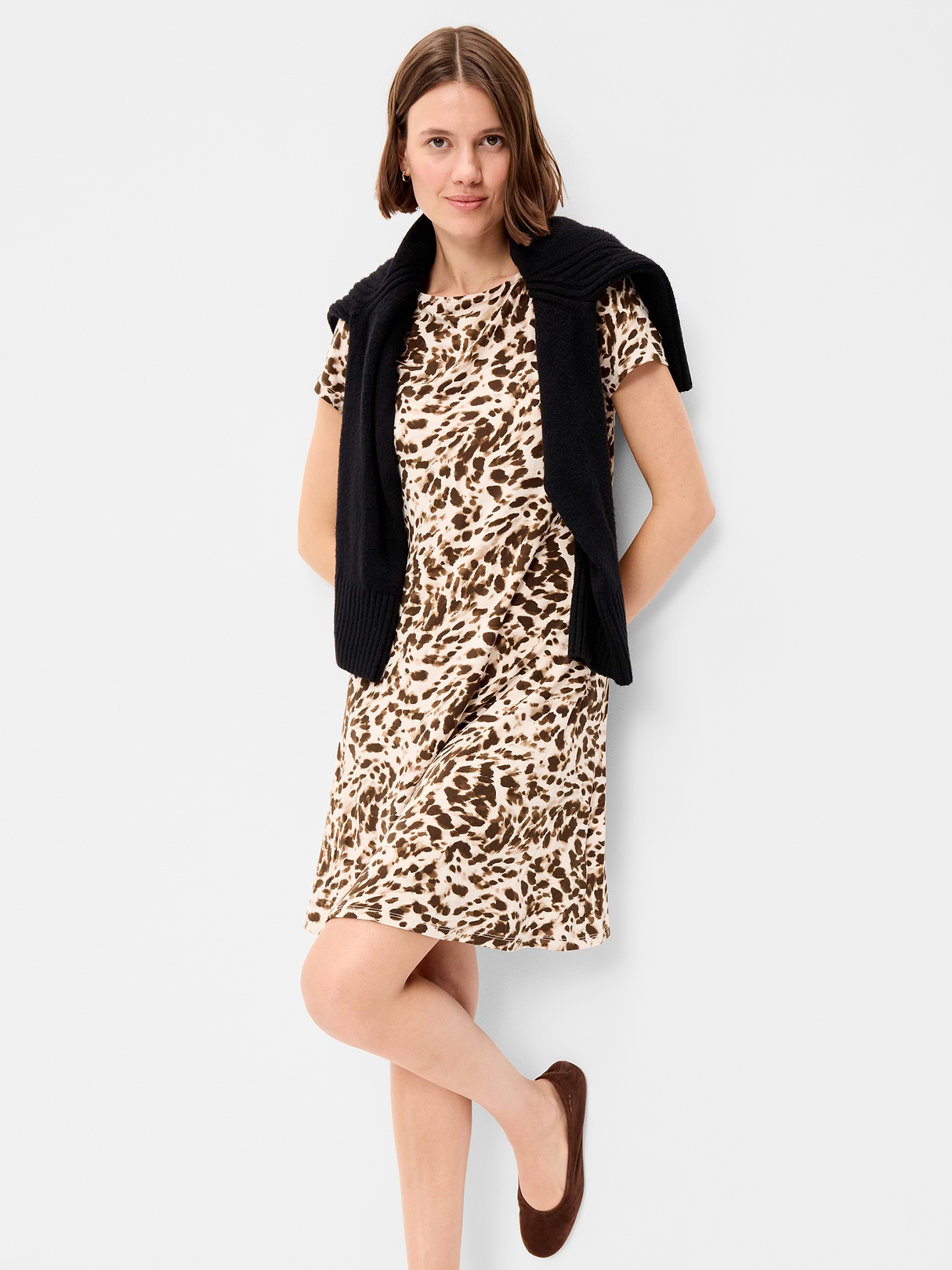 Short-Sleeve Mini Swing Dress - Leopard