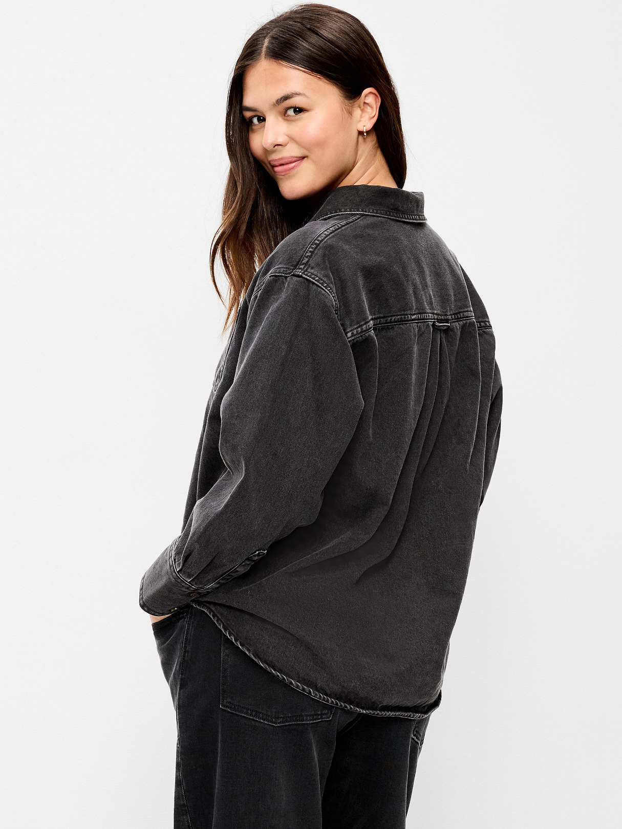 Oversized Boyfriend Button-Down Jean Shirt - Black Wash