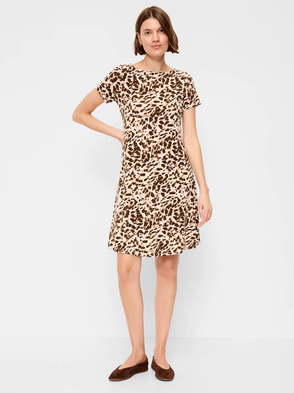 Short-Sleeve Mini Swing Dress - Leopard