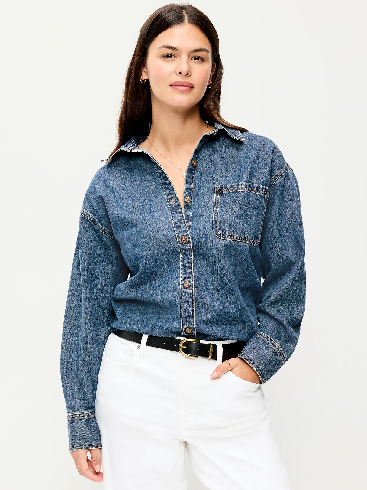 Oversized Boyfriend Button-Down Jean Shirt - Medium Wash