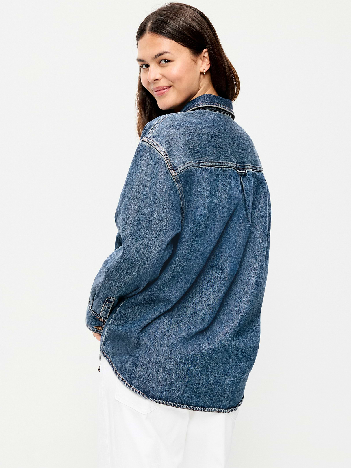 Oversized Boyfriend Button-Down Jean Shirt - Medium Wash