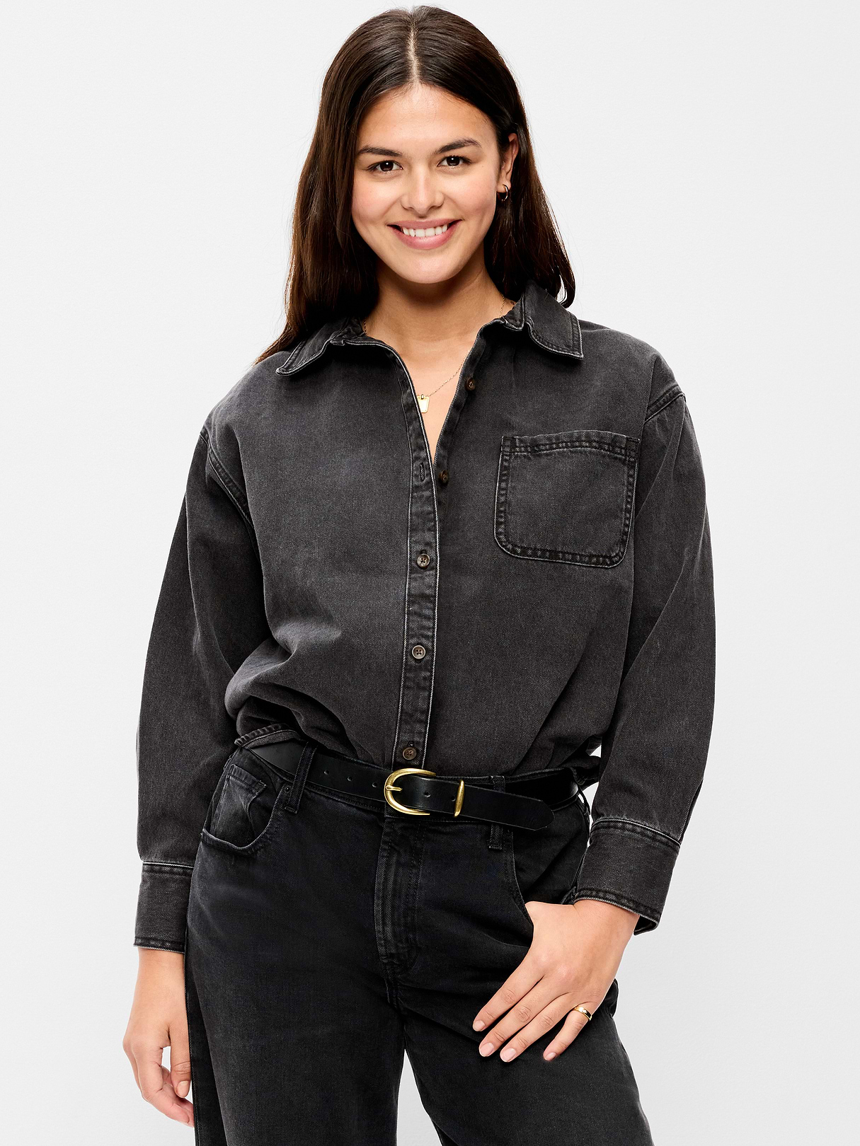 Oversized Boyfriend Button-Down Jean Shirt - Black Wash