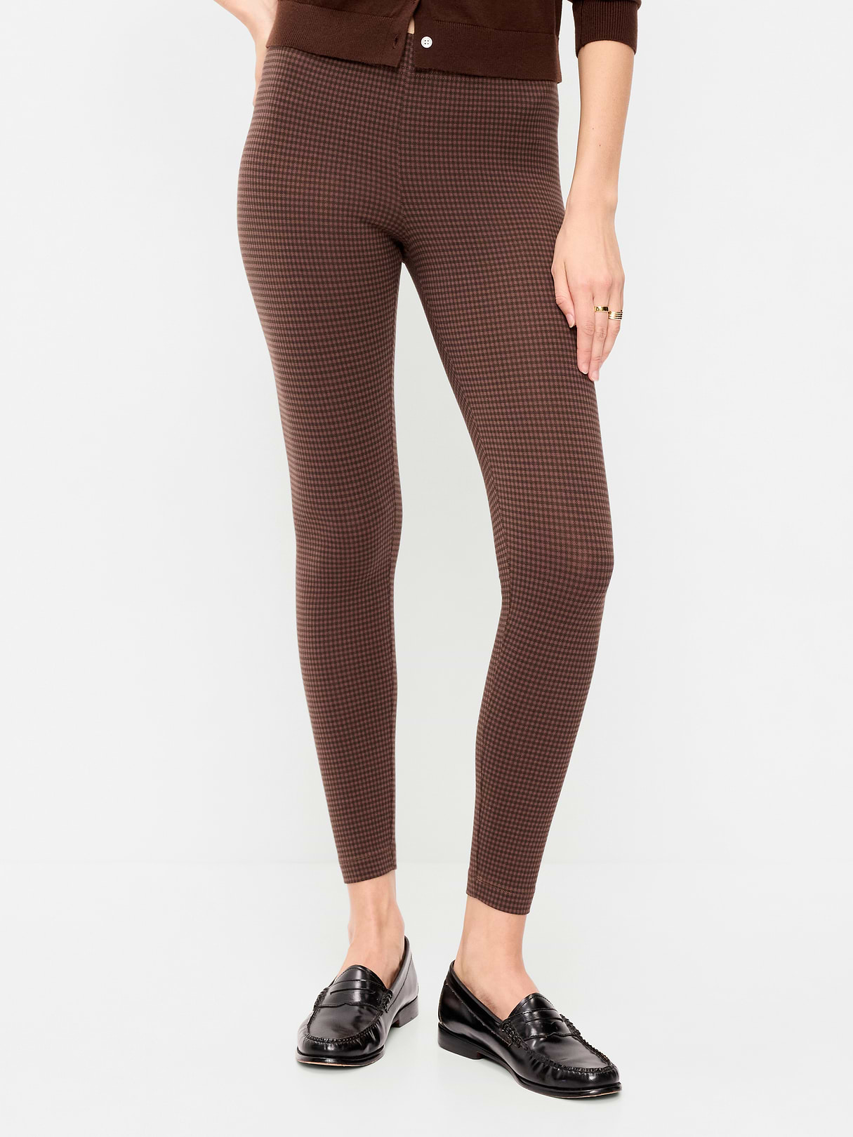 High-Waisted Jersey Fashion Layering Leggings - Brown Check