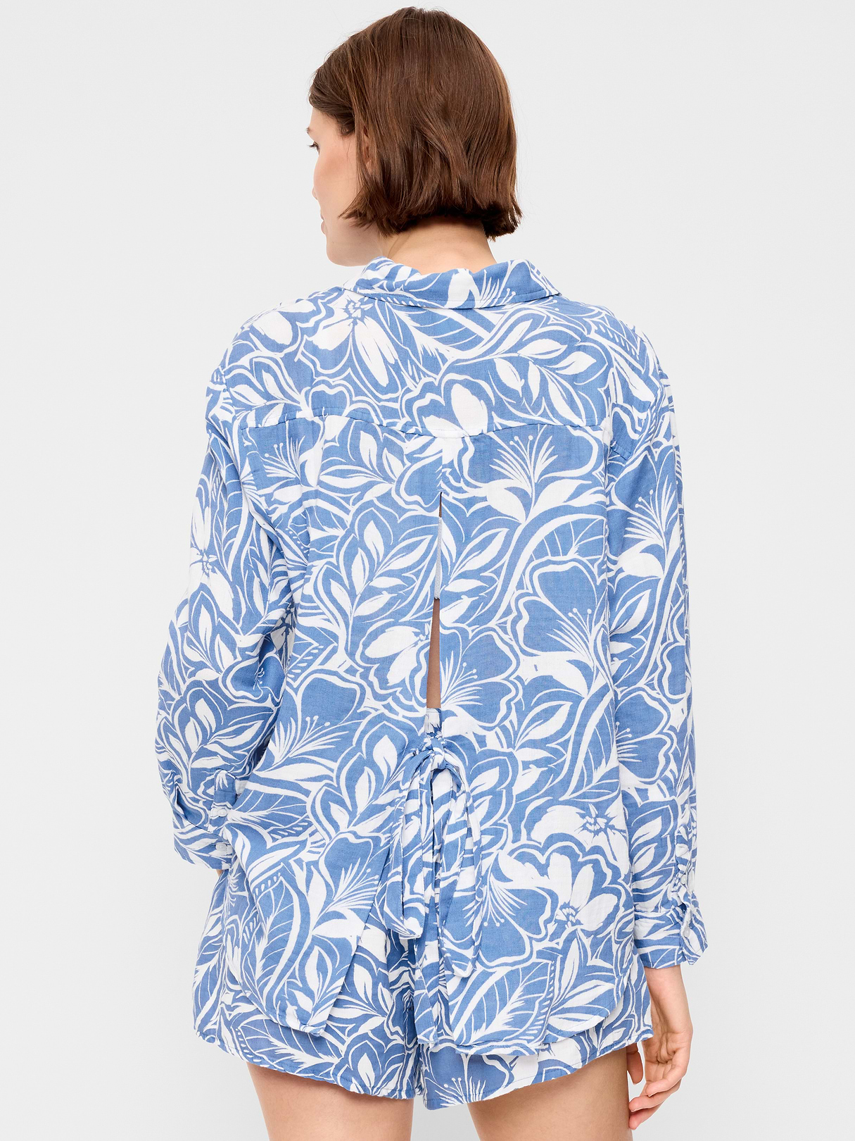 Open-Back Crinkle Gauze Button-Down Shirt - Paradise Blue Print