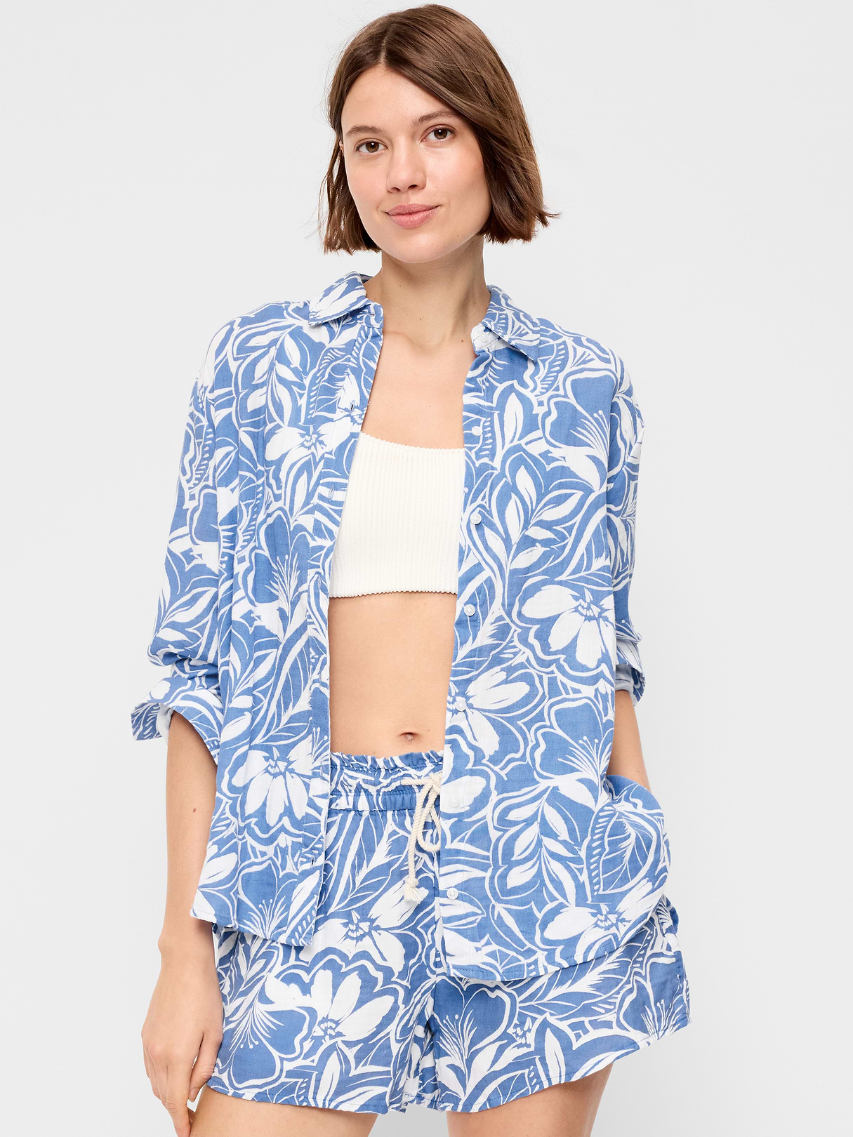 Open-Back Crinkle Gauze Button-Down Shirt - Paradise Blue Print