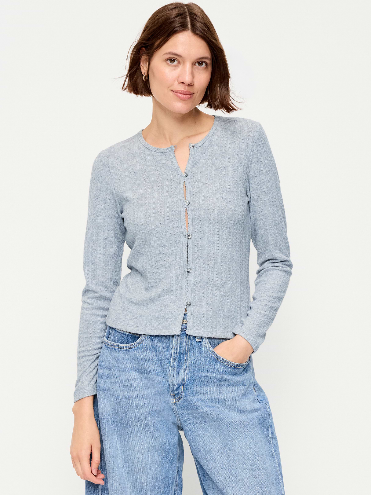 Long-Sleeve Button-Front Cutout Pointelle Top - Medium Heather Gray