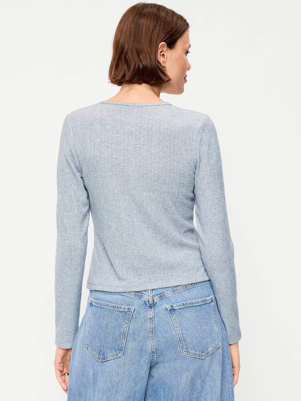 Long-Sleeve Button-Front Cutout Pointelle Top - Medium Heather Gray