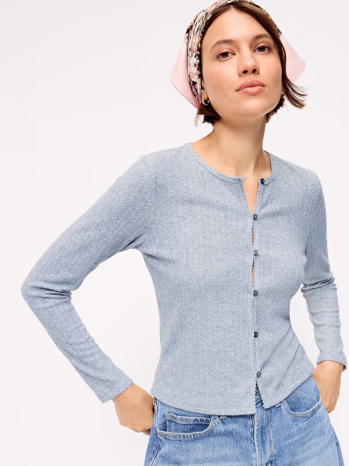 Long-Sleeve Button-Front Cutout Pointelle Top - Medium Heather Gray